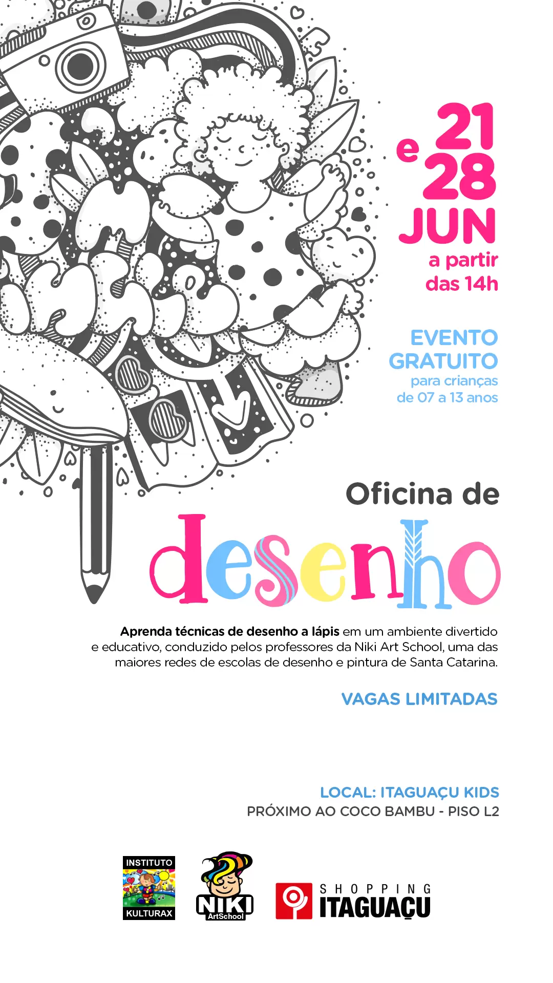 Crianças se divertem desenhando no Shopping Itaguaçu com oficinas gratuitas
