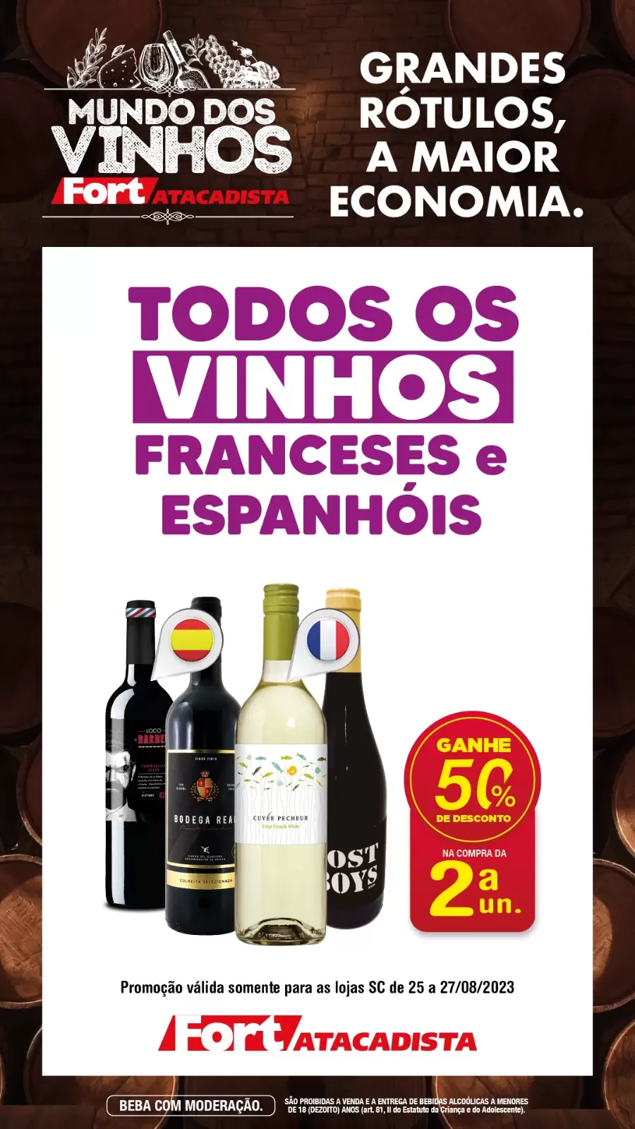 Adega Fort: vinhos franceses e espanhóis com 50% de desconto na segunda unidade