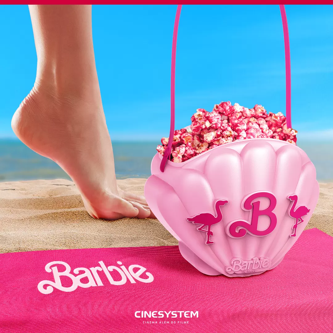Combo com pipoca rosa em balde de concha e pré-venda disponível: confira a estreia de 'Barbie' na Cinesystem do Villa Romana Shopping