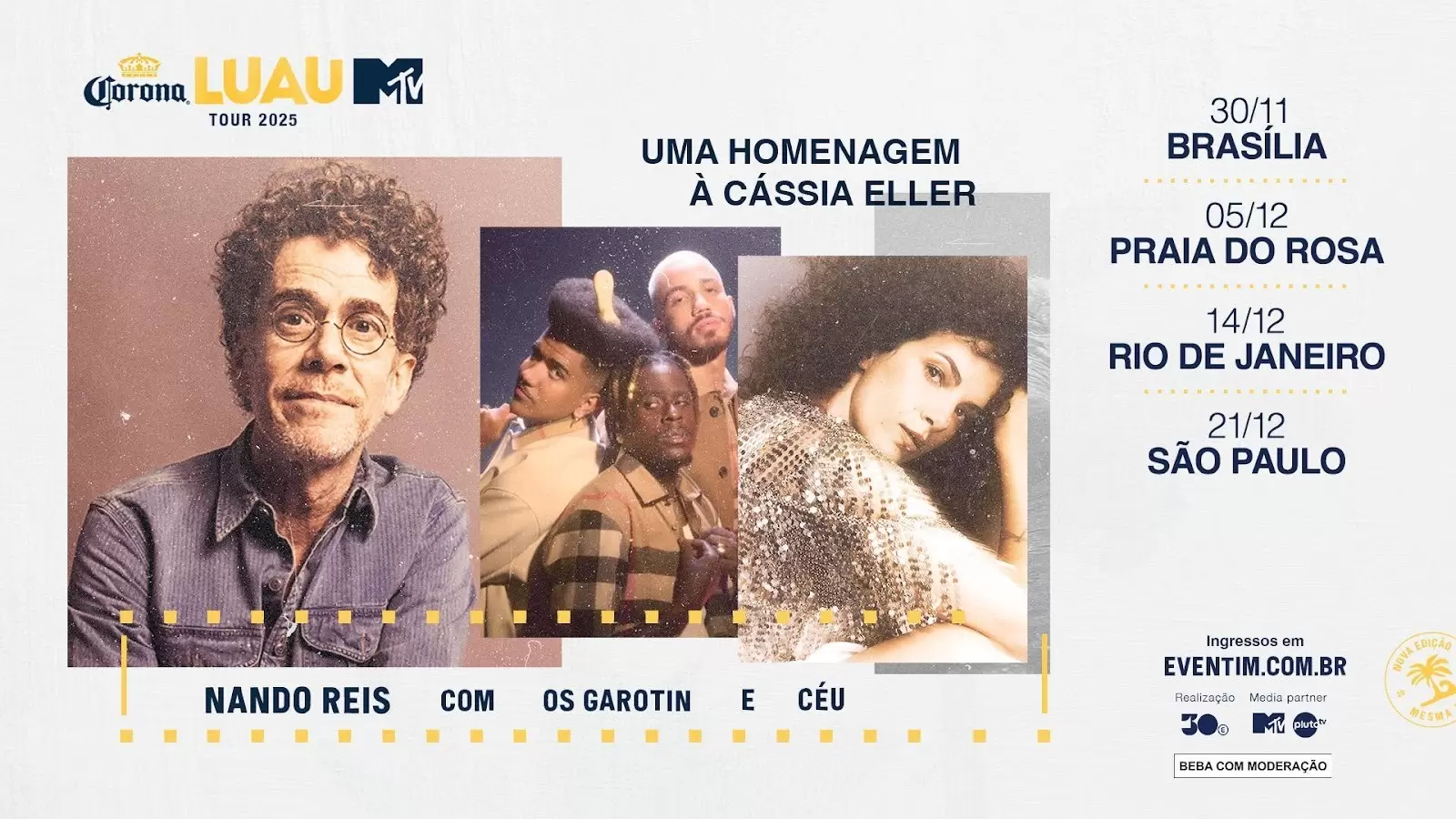 Em formato inédito de turnê, Corona Luau MTV homenageia Cássia Eller reunindo Nando Reis, Céu e Os Garotin na Praia do Rosa